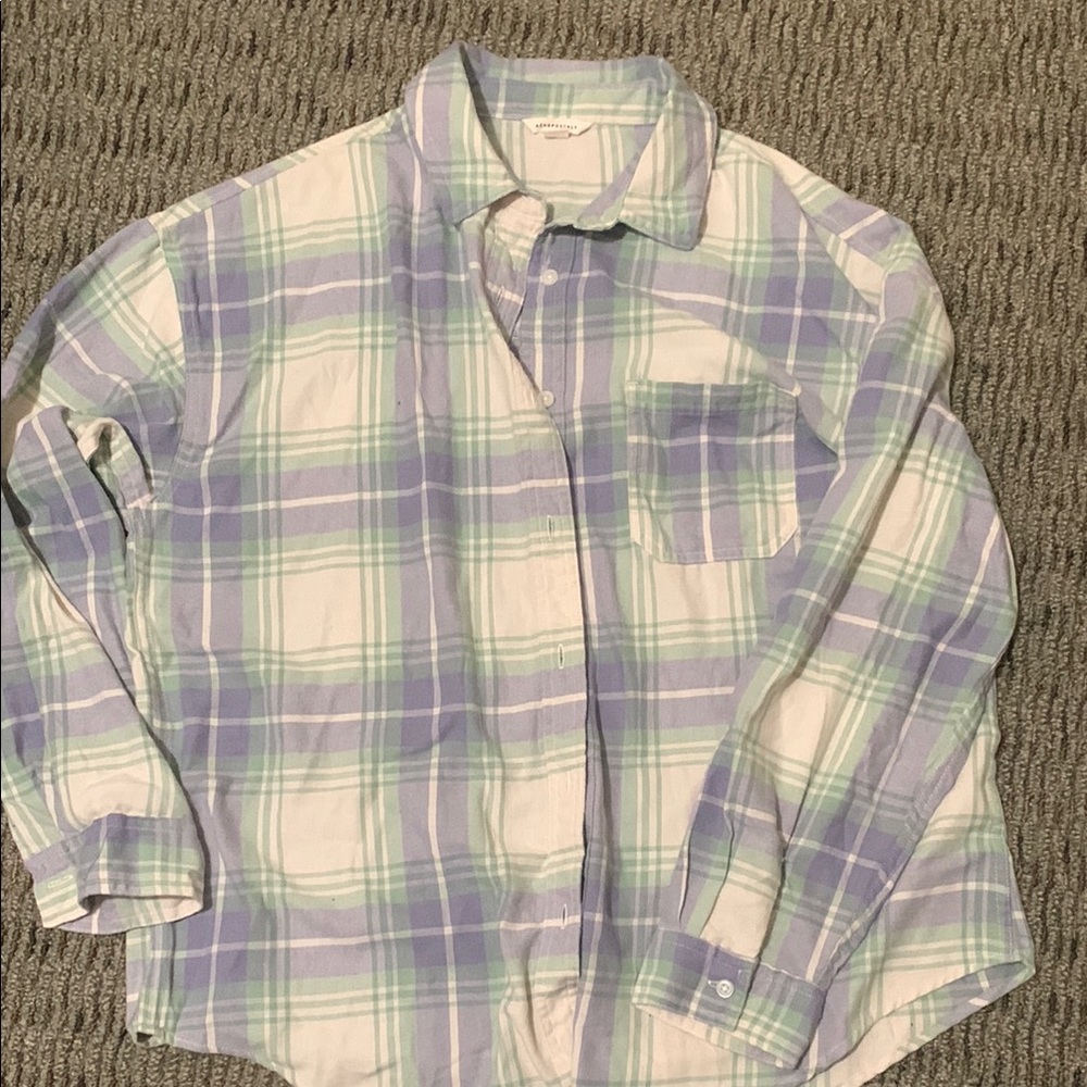 Oversized Pastel Plaid Button-Up Shirt - Purple and Green